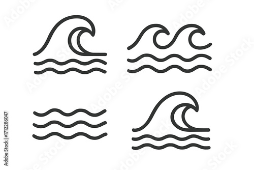 Wave icon set. Simple water, sea, ocean line symbols. Vector graphic illustration collection for logo design. Liquid, aqua, surf and flow signs. Abstract nature elements.