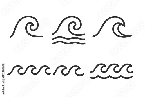 Set of wave icons. Sea, ocean water symbol collection. Surf, tide, aqua flow signs. Simple line art logo elements. Minimalist vector graphic for summer, beach themes.