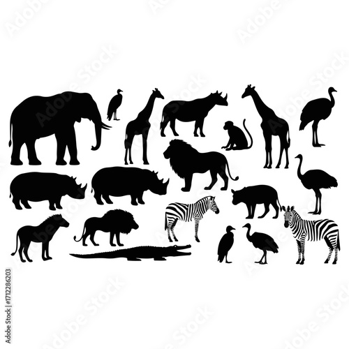 African wildlife silhouettes in black and white, animals.