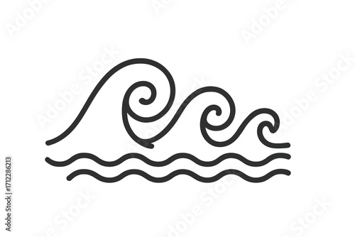 Wave sign in a linear style. Water symbol vector illustration. Ocean, sea, and surf icon. Minimalist nature graphic element. Flowing water current with swirls and curls.