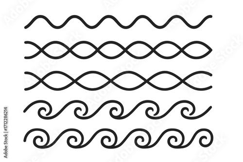 Set of wave symbols. Linear graphic elements. Wavy line, sea swirl, Greek ornament, and ocean scroll icons. Vector illustration for border or divider design element.
