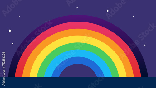 A beautiful and bright rainbow spectrum in the blue summer sky with colorful clouds and sun