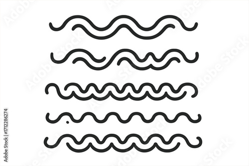 Set of linear wave icons. Water, sea, or ocean flow symbol collection. Abstract wavy lines, ripple, and swirl design elements. Vector graphic illustration for creative projects.