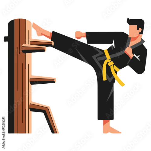 Martial artist practicing kicks on wooden dummy for training.