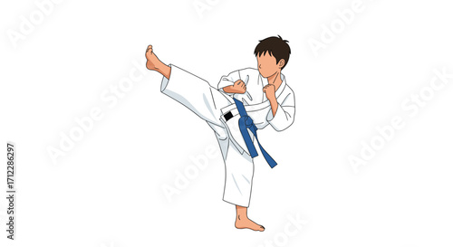 Young person practicing karate with a powerful front kick.