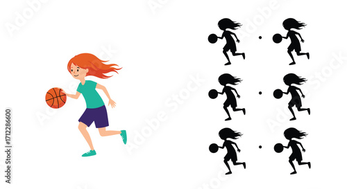 Young girl dribbling a basketball during a game.