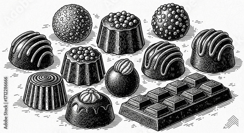 Set of Assorted Chocolate Candies and Chocolates - Classic Confectionery Engraving Style AI Illustration