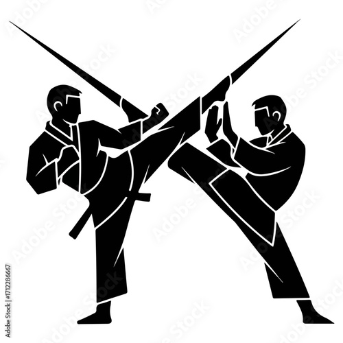 Karate Fighters Engaging in Intense Martial Arts Combat.