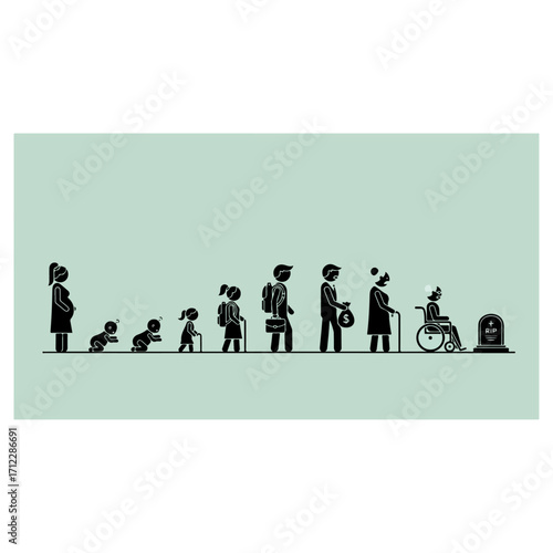 Human life cycle stages from birth to death.