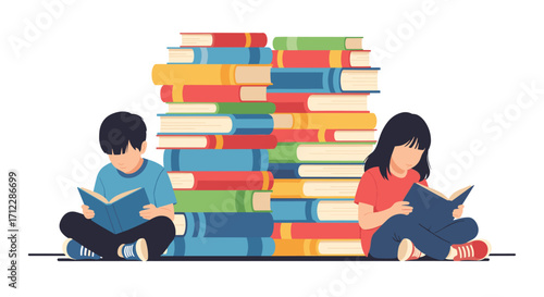 Children enjoying reading books stacked high around them.