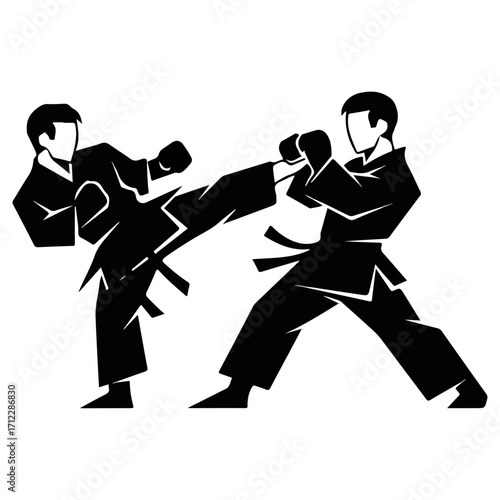 Karate practitioners engaged in a dynamic martial arts sparring session.