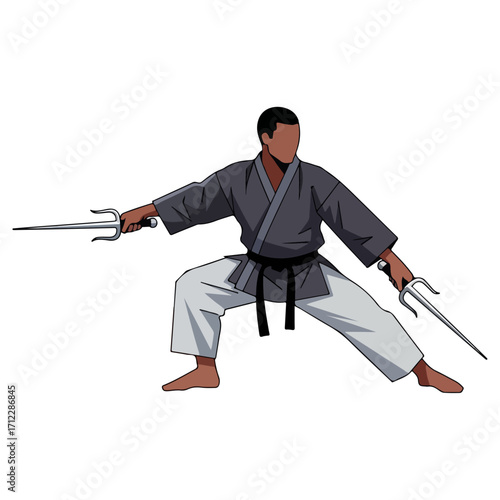 Martial artist in stance with sai weapons ready for combat.