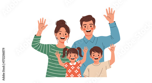 Happy family members waving hands greeting each other.
