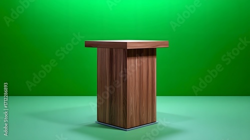 A simple, square-shaped wooden table standing alone on a plain green background, showcasing a modern and minimalist design aesthetic. category:Furniture