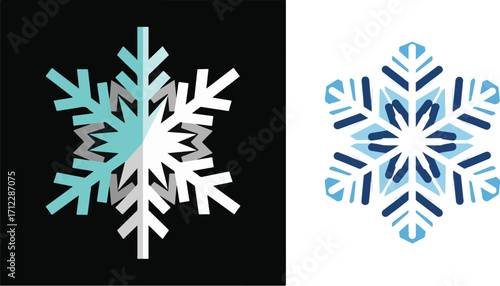 Modern Winter Snowflake Designs in Blue, White, and Turquoise on Divided Backgrounds