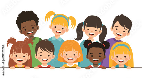 Diverse group of happy children smiling together.