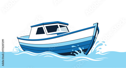 Small blue and white fishing boat sailing on wavy ocean waters.