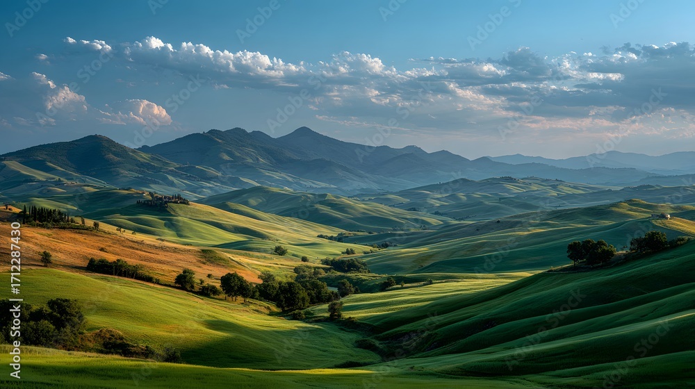 Fototapeta premium Stunning, panoramic photograph of the rolling green hills of Tuscany in late spring, bathed in warm afternoon sunlight that creates soft shadows, under a vast blue sky with wispy clouds.