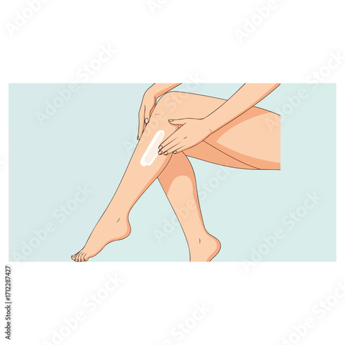 Woman applying lotion to her leg for skincare and moisturizing.