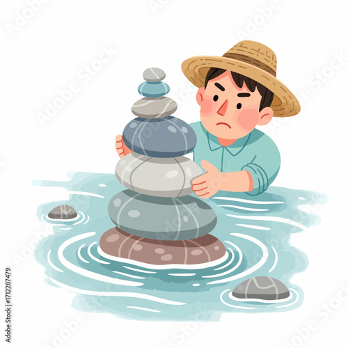 Boy Building a Stone Tower in Calm Water A Zen Moment