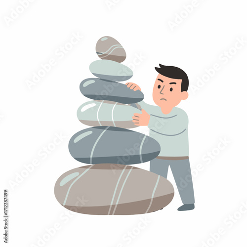 Man carefully stacking stones in a tall tower representing balance, stability, and risk