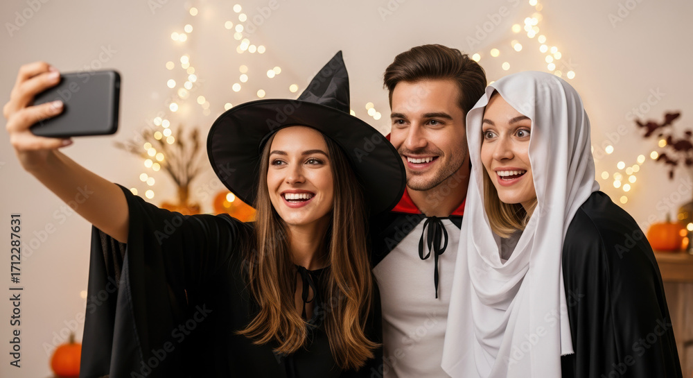 Obraz premium Halloween selfie shows three friends dressed up for Halloween celebration, smiling. Halloween selfie includes witch costume, ghost, and vampire cape, all posing happily near pumpkins and fairy lights.