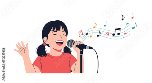 A happy young girl singing loudly into a microphone.