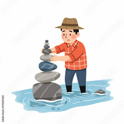 Man Carefully Stacking Stones in Water, Zen Illustration