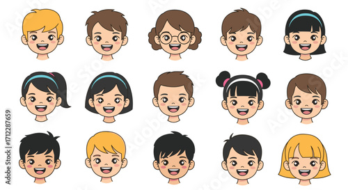 Collection of diverse cartoon children's faces showcasing various hairstyles and expressions.