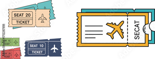 Vibrant Illustration of Flight Tickets with Seat Numbers and Airplane Icons