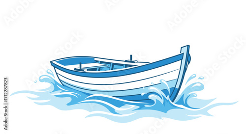 A simple wooden rowboat gently drifts on the wavy blue ocean water.
