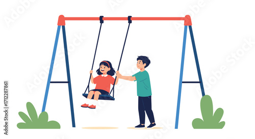 Boy and girl playing on a swing set at the park.