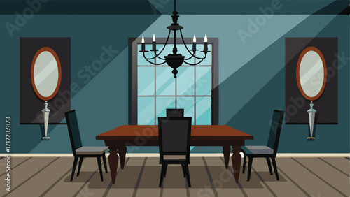 A dining room with a dramatic chandelier and a sleek black dining table but accented by a large roughhewn wooden mirror on the wall.