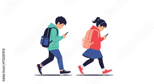 Children engrossed in their phones while walking to school.