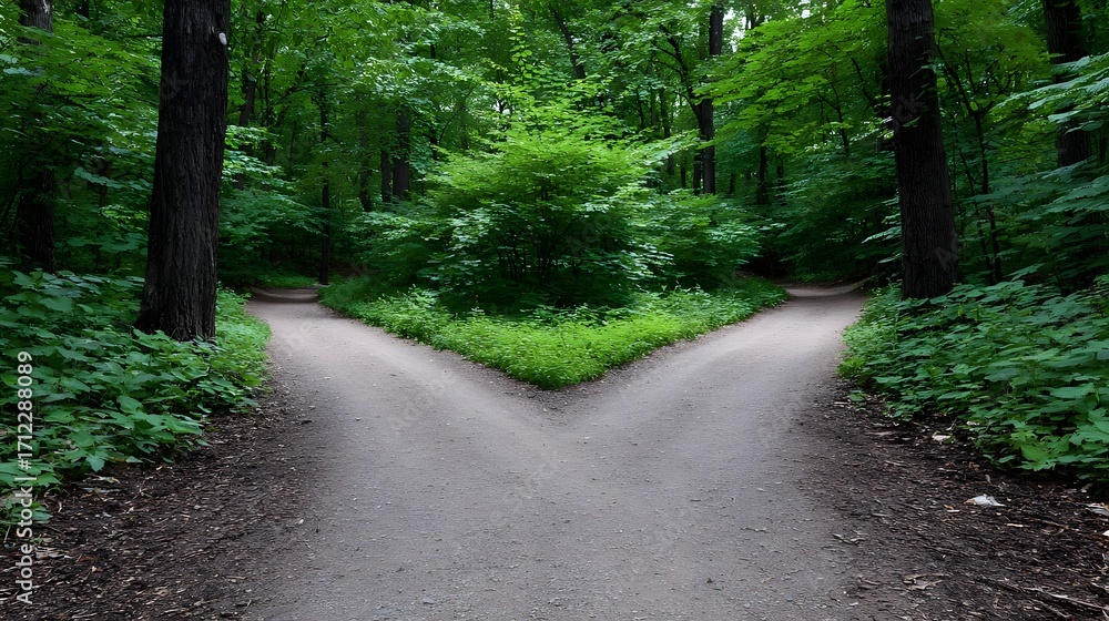 Obraz premium A serene dirt path splits into two trails leading through a dense, verdant forest with towering trees and a lush, natural canopy above.