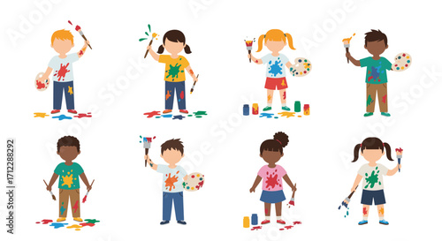 Young artists joyfully creating colorful masterpieces with paint.