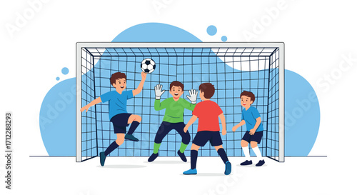 Children playing soccer near the goal with a goalie.