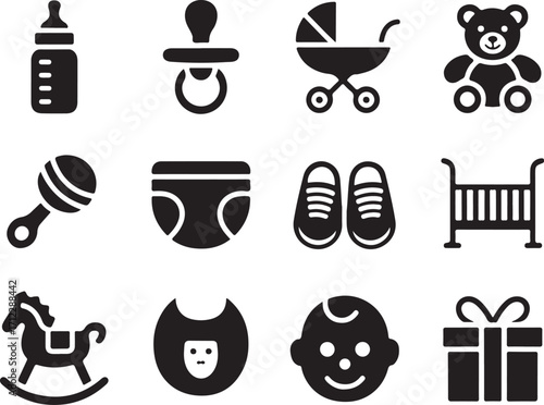 Baby essentials icons joy fun childhood newborn care essentials