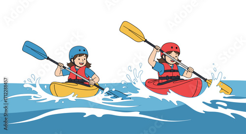 Two girls kayaking on the water with paddles and life jackets.