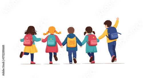 Children holding hands walking to school with backpacks.