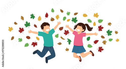 Two children jumping joyfully with autumn leaves around them.