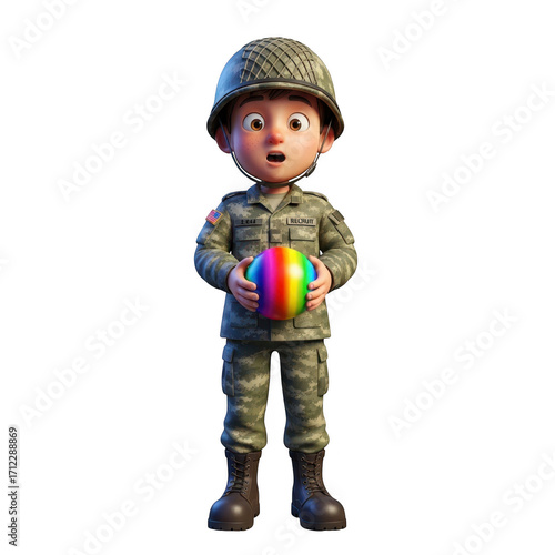 Cartoon soldier character holding a colorful rainbow ball with surprised expression