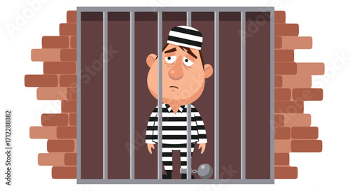 Sad prisoner behind bars in a jail cell.