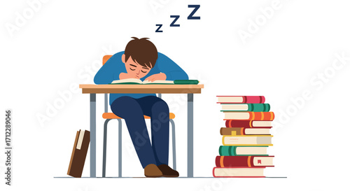 Student falls asleep while studying with a large stack of books.