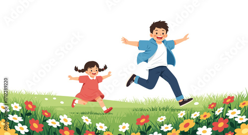 Two happy children running through a field of flowers.
