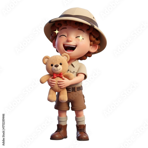 Joyful child explorer with teddy bear adventure outfit children's character rendering