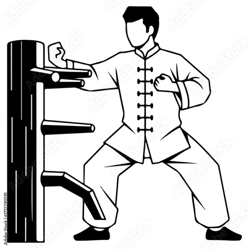 Wing Chun Martial Arts Training with Wooden Dummy.