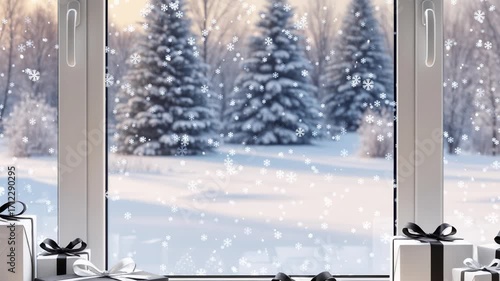 Snowy winter landscape outside a cozy window during holiday time