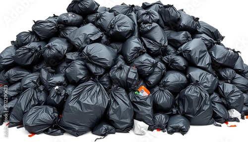 A large pile of overflowing black trash bags in a messy heap,  sanitation,  bin bag