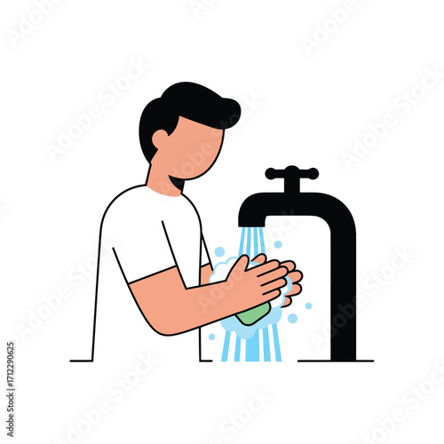 Vector art of man washing hands with soap and water under a faucet